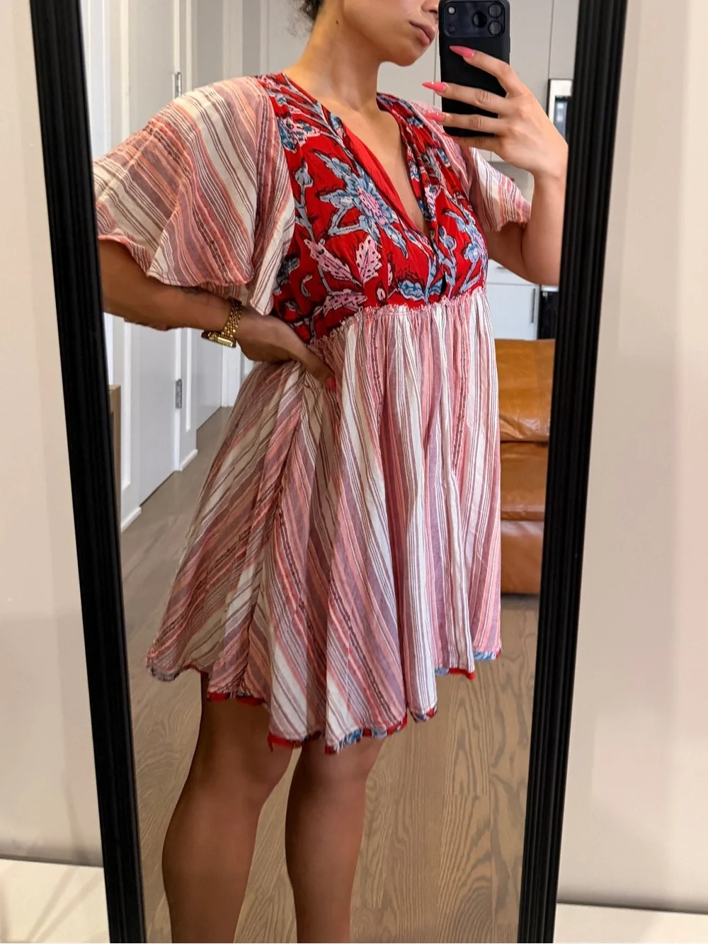 Free People Under The Sun Tunic Dress Floral Striped Red Rome